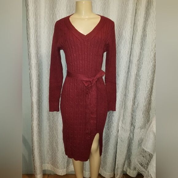 Fall Burgundy MEROKEETY Women's Cable Knit Midi Sweater Dress medium NWOT - Picture 7 of 10